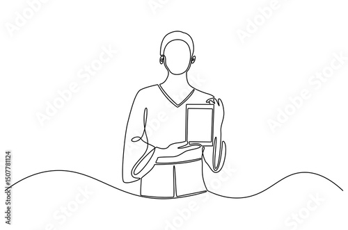 Continuous one line drawing of Business woman with the tablet. Single line drawing illustration of Saleswoman showing tablet. Business Blank screen concept vector art. Doodle line illustration.