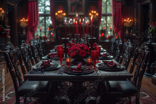 Elegant gothic dining room with candlelight and red decor
