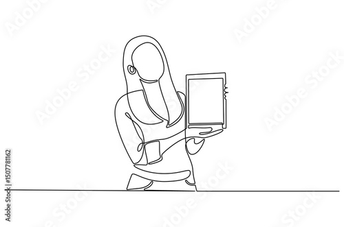 Continuous one line drawing of Business woman with the tablet. Single line drawing illustration of Saleswoman showing tablet. Business Blank screen concept vector art. Doodle line illustration.