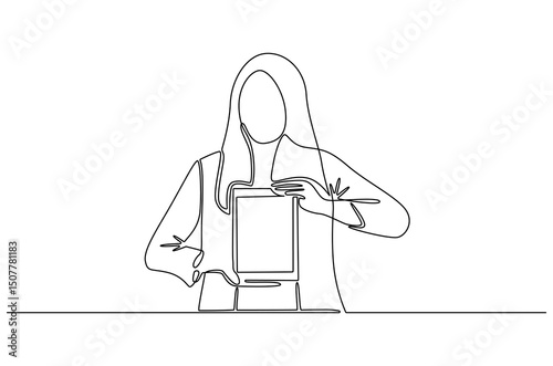 Continuous one line drawing of Business woman with the tablet. Single line drawing illustration of Saleswoman showing tablet. Business Blank screen concept vector art. Doodle line illustration.