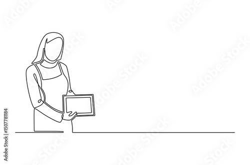 Continuous one line drawing of Business woman with the tablet. Single line drawing illustration of Saleswoman showing tablet. Business Blank screen concept vector art. Doodle line illustration.
