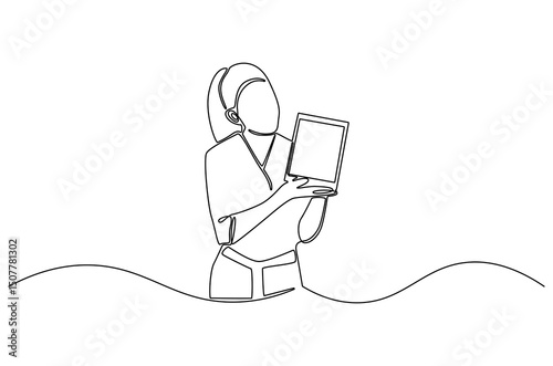 Continuous one line drawing of Business woman with the tablet. Single line drawing illustration of Saleswoman showing tablet. Business Blank screen concept vector art. Doodle line illustration.