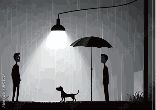 Two men stand under a lamp in the rain, with a dog in the foreground longing for attention.