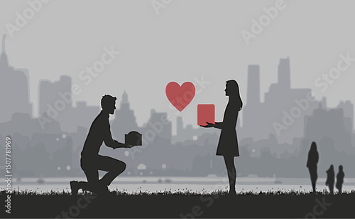 Silhouette of a couple exchanging gifts, set against a city skyline and a heart symbol.