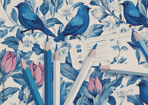 Artistic illustration with blue birds amidst floral designs and colorful pencils.