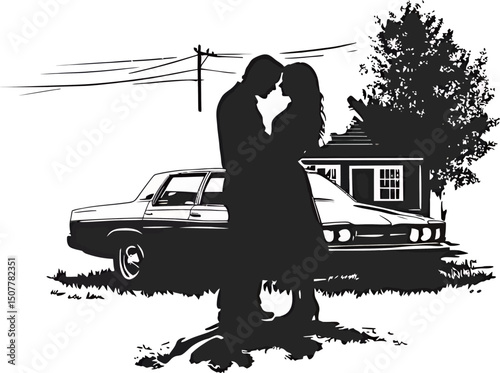 Couple sharing a romantic moment in silhouette beside a classic car.