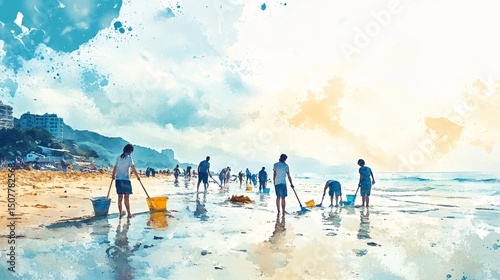 Beach cleanup effort depicted in a watercolor style.