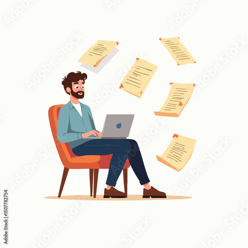 Man Focused on Writing Project on Laptop