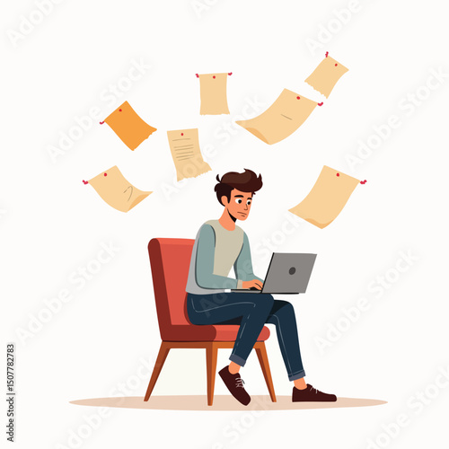 Freelance Writer Typing with Ideas Flying Around