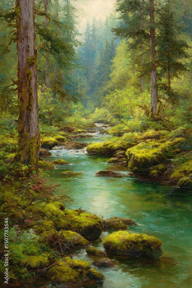 Tranquil Forest Creek Scene With Mossy Rocks Tranquil Forest Creek Scene With Mossy Rocks