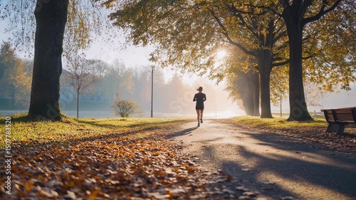 Woman jogging on a park path during autumn morning with golden sunlight