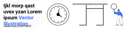 Clock emphasizing time, placeholder for text, modern table, individual holding speech bubble for communication. Ideal for time management, modern design, teamwork, tasks, deadlines creativity