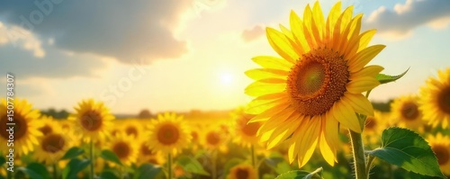 A vibrant, sun-drenched head of sunflowers basking in the golden light of a summer day, petals reaching for the sky Perfect for summer, nature, and harvest themes , growth, bright
