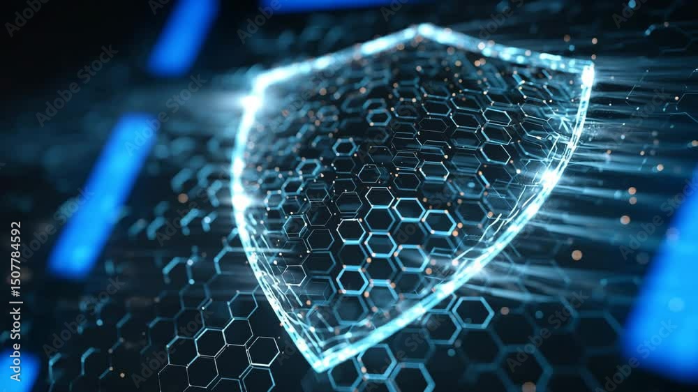 Futuristic glowing shield with hexagonal pattern representing cybersecurity and digital protection. Ideal for themes of data security, firewall, encryption, and online safety.