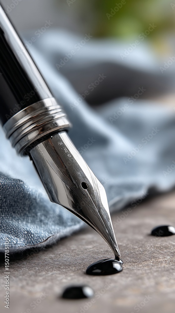 Naklejka premium Fine point fountain pen with ink droplets