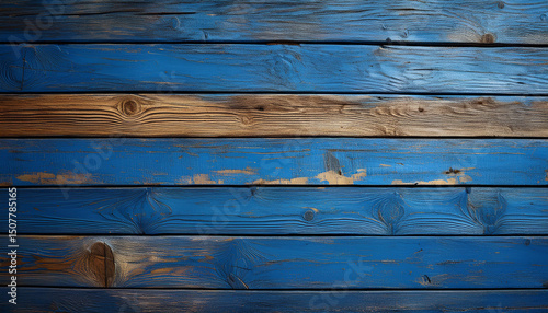 a rustic wooden surface features prominently with its weathered texture and distinct blue painted center board offering a mix of natural and crafted elements