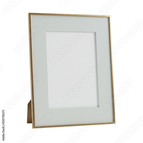 Gold frame with light gray matte stands on black. Frame holds portrait-oriented photo
