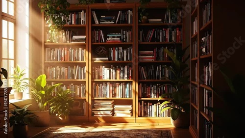 Sunlit Library Bookcase Zoom Background Peaceful Study Room Video, Generative AI