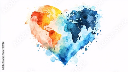 A colorful world map shaped like a heart.