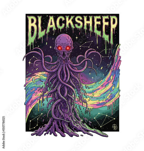 BLACKSHEEP Cosmic Horror T-Shirt Design – Psychedelic Tentacle Entity with Glowing Eyes and Melting Stars