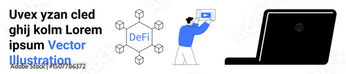 Diagram of a blockchain network with DeFi label, person working on a laptop, blue and black color scheme. Ideal for financial tech, blockchain, innovation, cryptocurrency, teamwork, security simple