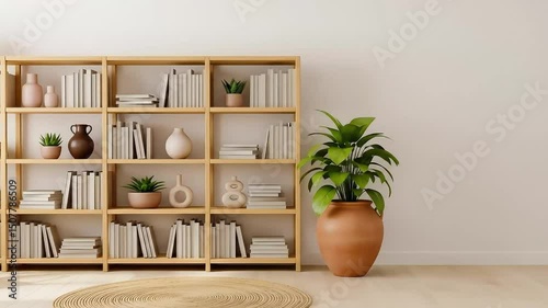 Modern Bookshelf Zoom Background Minimalist Home Office Virtual Meeting, Generative AI