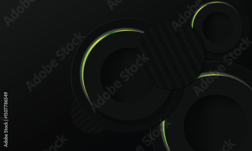 Abstract black circle dimensional background with green neon light design