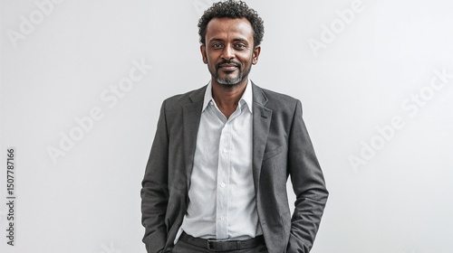Portrait of a mature Ethiopian man wearing a dark gray suit and light shirt against a white background, expressing professionalism, confidence, and elegance.
