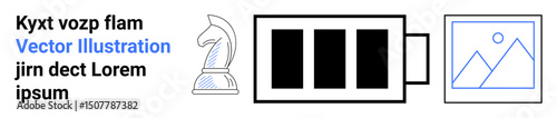 Chess knight, battery level bars, and framed image representing strategy, energy, art, vision, decision-making, progress and focus. Ideal for design productivity or simple landing page