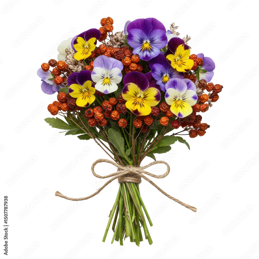 Obraz premium Colorful bouquet of pansies and berries tied with twine; vibrant blooms & earth tones