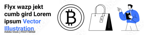 Bitcoin logo, shopping bag with price tag, and man pointing and holding a tablet. Ideal for cryptocurrency, e-commerce, shopping, retail, fintech, digital economy simple landing page