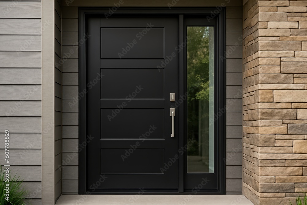 Fototapeta premium Modern Black Fiberglass Front Entry Door, Single Door with One Sidelite, Residential Architecture Detail