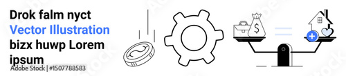 Coin falling, gear symbolizing work, and scale balancing finance, savings, and home equity. Ideal for finance, economy, budgeting, business investment decision-making and simple landing page