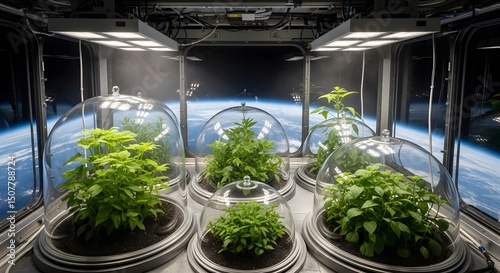 Fototapeta Naklejka Na Ścianę i Meble -  Inside a space station, lush green plants thrive in a controlled environment, beyond earth.