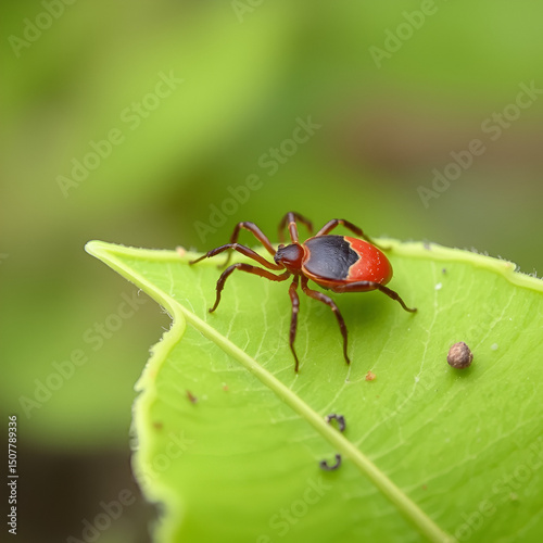 Parasitic deer tick waiting on green leaf with blurry nature background. Ixodes ricinus or scapularis. Closeup of hidden dangerous mite. Carrier of tick-borne diseases as encephalitis or Lyme disease.