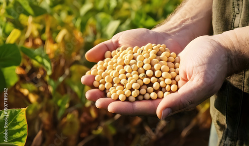 hands full of soybeans, with soybeans plantation field background