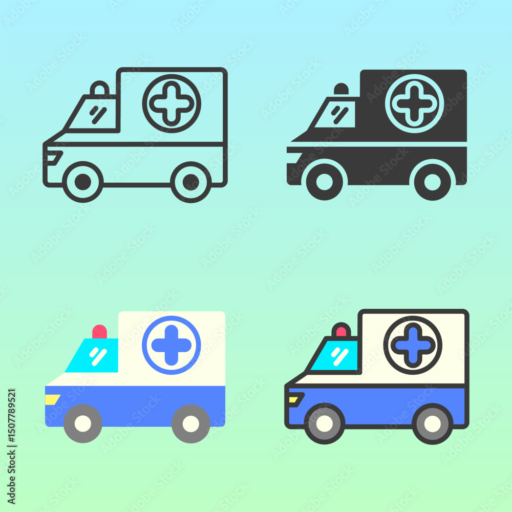 Fototapeta premium Ambulance icons in flat style, featuring various vehicle views with medical symbols. Suitable for emergency health banners, road safety campaigns, or transport-related materials.