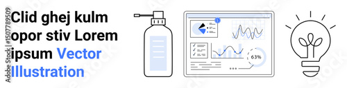 Data analytics dashboard with graphs and charts alongside a reusable bottle and glowing lightbulb. Ideal for business analysis, sustainability, eco-friendly practices, innovation, creativity
