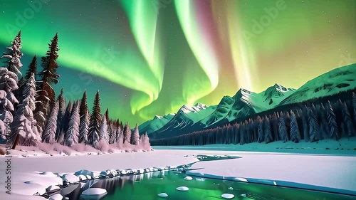 The pitch black night sky is illuminated by the colorful aurora borealis, creating a beautiful dance of light over the mountains and lakes.