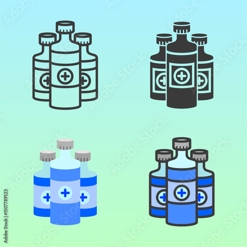 Flat style medical bottles in blue and purple colors, representing medicine or vaccine containers for healthcare and pharmacy contexts. Ideal for health posters, banners, or product labels.