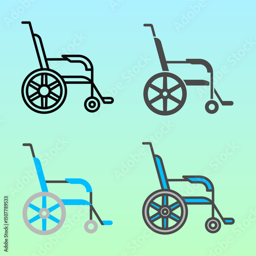 Flat vector illustrations of wheelchairs with various styles and colors. Representing mobility support and healthcare. Perfect for hospital guides, elderly care, or health brochures.