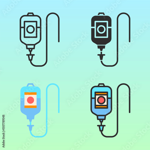 Set of flat IV bag and infusion tube illustrations in blue and black. Suitable for medical charts, posters, and health education campaigns.