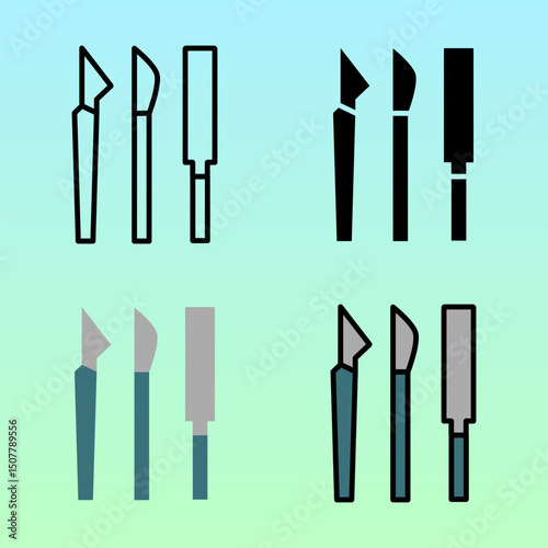 Flat icons of surgical scalpels and blades in black and grey tones, representing precision medical tools for operation scenes, health infographics, or educational posters.
