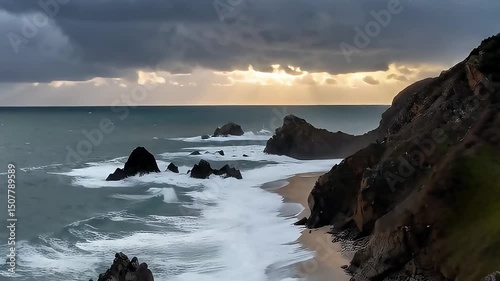 Sun shining over ocean waves crashing on sandy beach