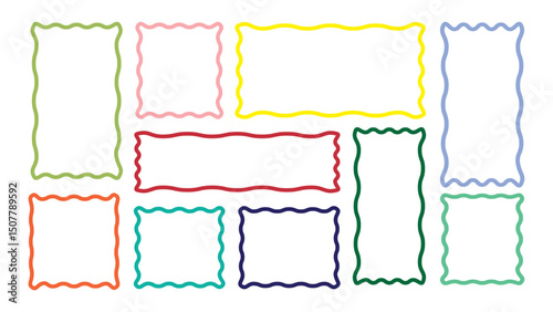 Set of rectangle frames with wavy edges. Wavy frame border set. Zigzag wavy edges, rectangles, photo frames, text boxes, tags, labels. Vector isolated set.