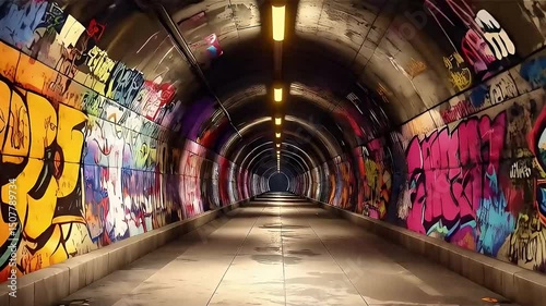 Video of an underground corridor with graffiti art on concrete pillars under dim lighting creating a grungy atmosphere. The tunnel leads to a distant view