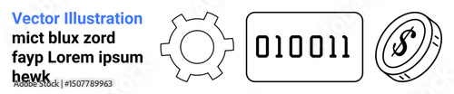 Gear, binary code, and dollar coin design emphasizing technology, automation, coding, and digital economy. Ideal for tech innovation, finance, coding AI blockchain fintech simple landing page