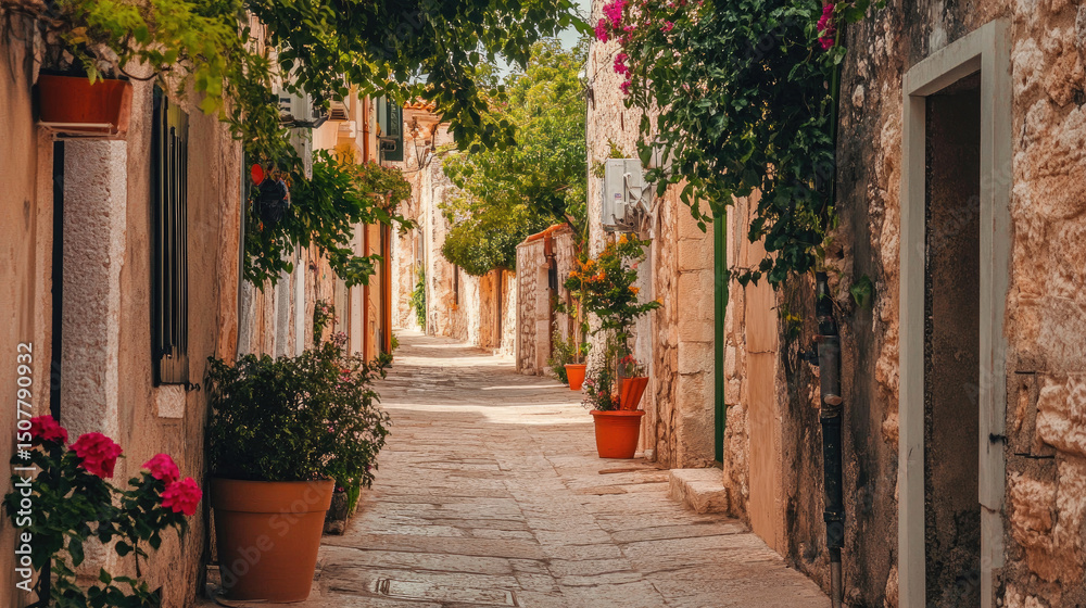 Naklejka premium Charming cobblestone alley adorned with vibrant flowers