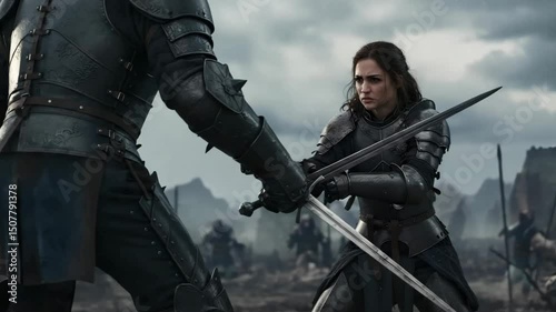 Female warrior clashing swords with armored enemy in close combat