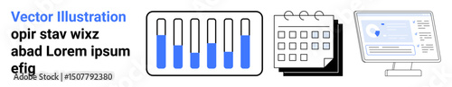 Bar chart with progress bars, spiral-bound calendar, and desktop screen displaying data insights. Ideal for business planning, analytics, productivity, scheduling, task management, time tracking
